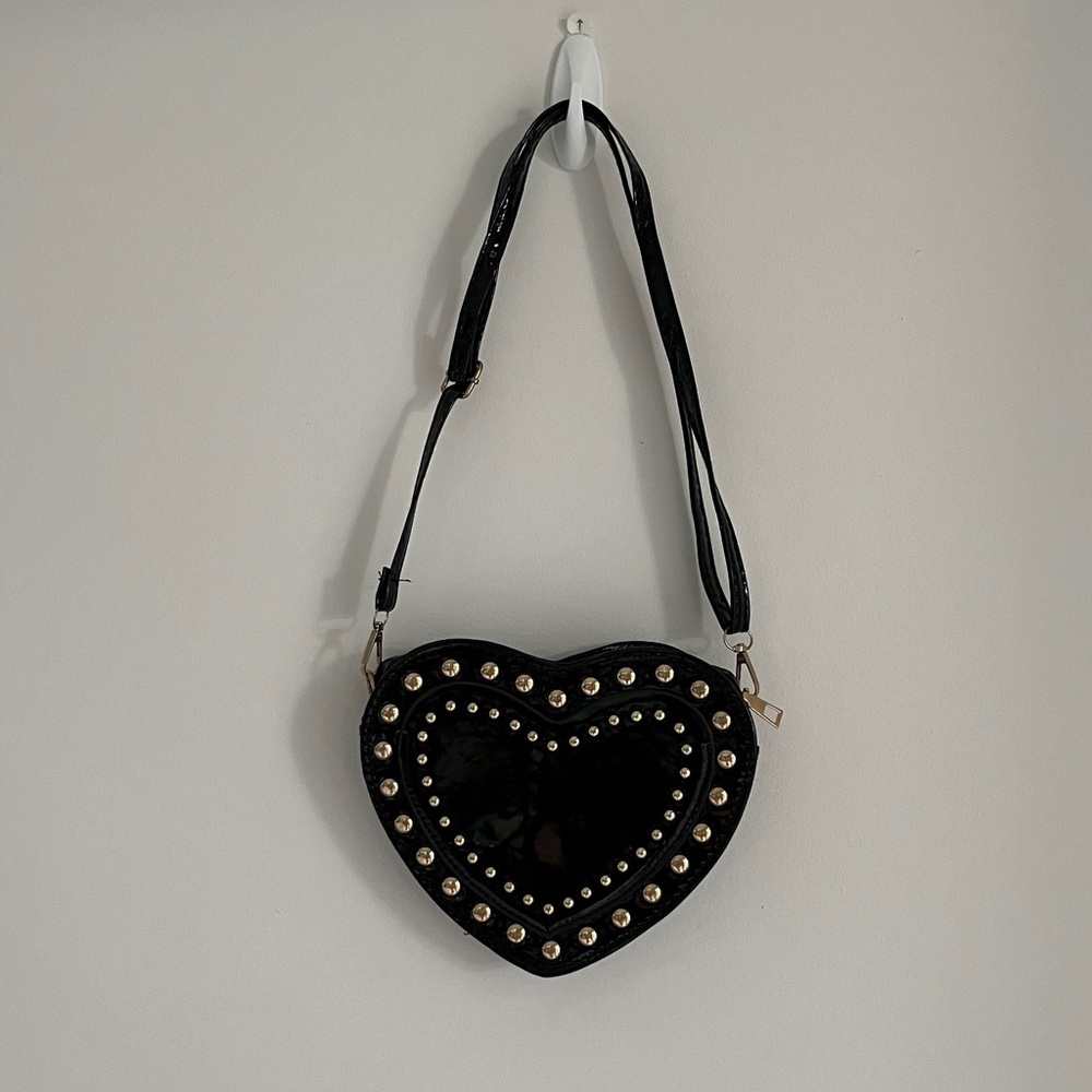 Black Faux Patent Leather Studded Heart Purse
